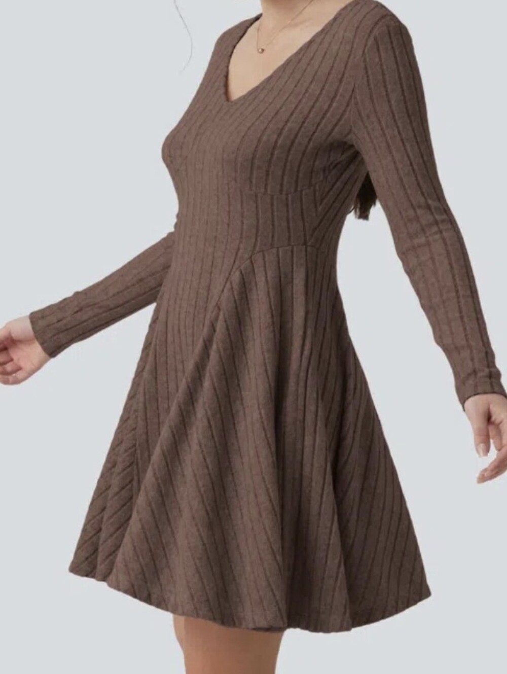 NWT Halara Ribbed Knit V-neck Long Sleeve Flare Trapeze Dress